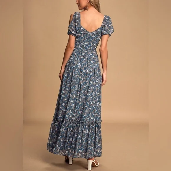 Lulus Feeling Fond Blue Floral Print Puff Sleeve Maxi Dress - Picture 4 of 12